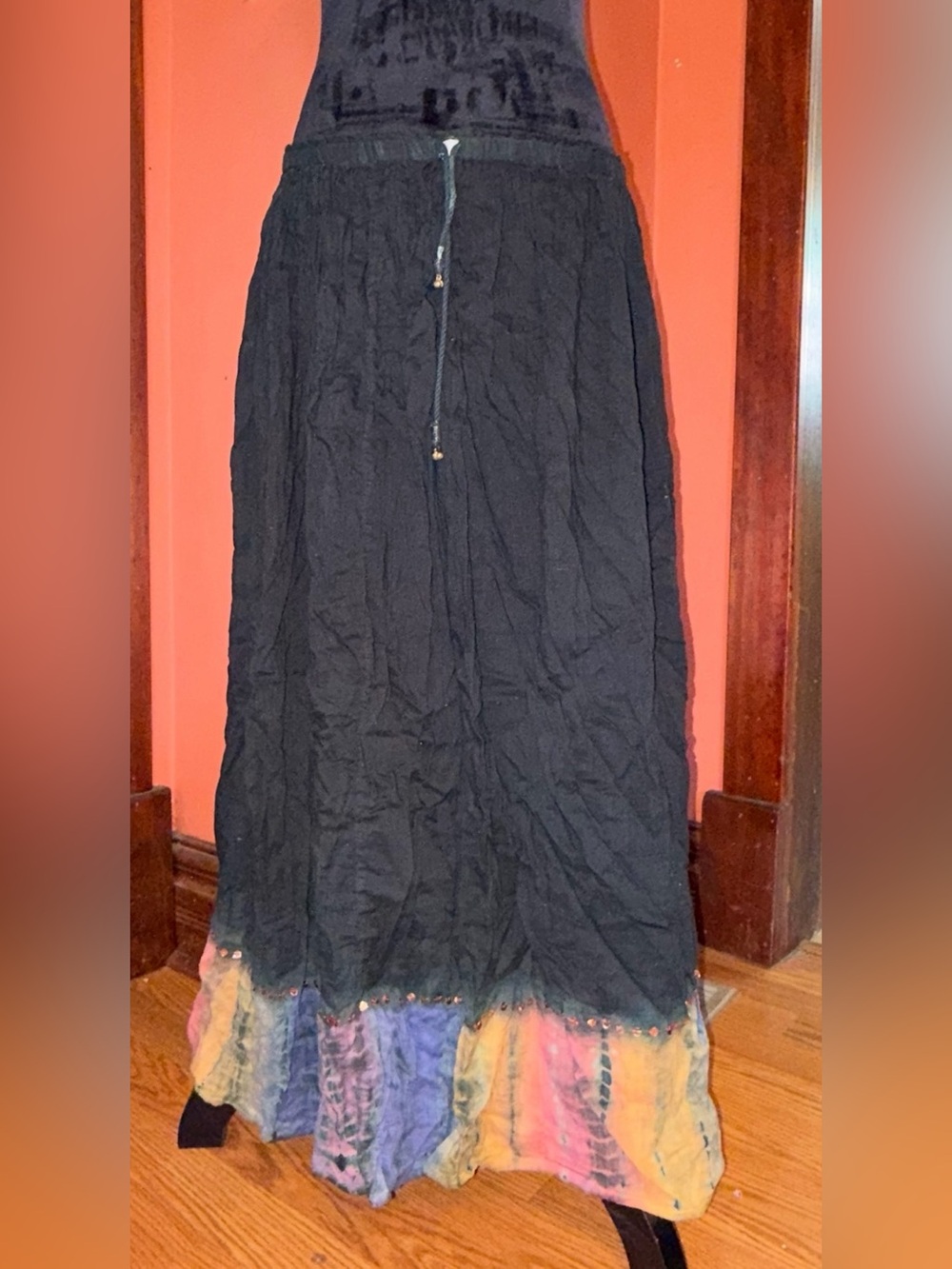 Boho Tie-Dye Hem Black Maxi Skirt with sequin detail